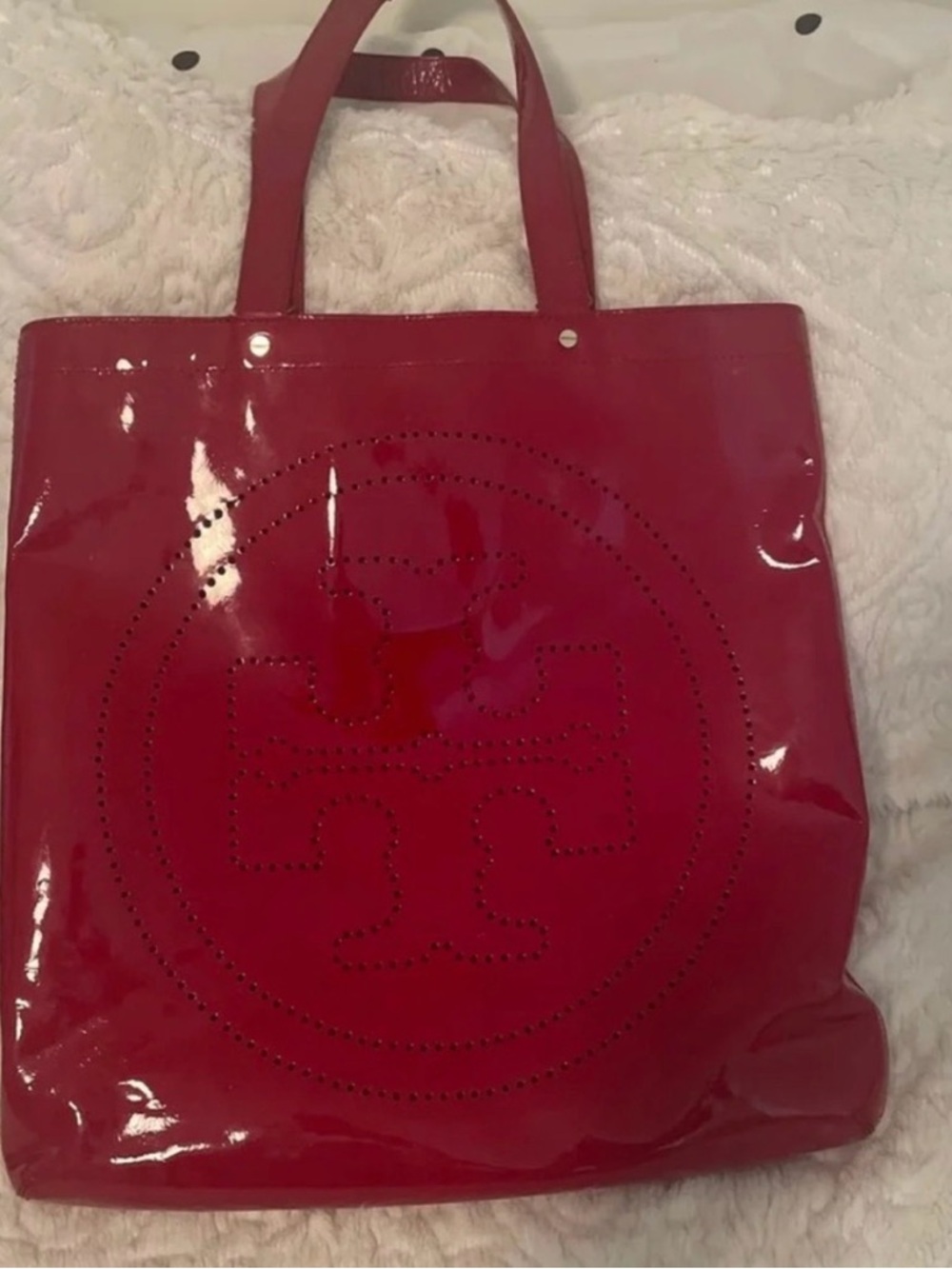 Tory Burch Red Patent Perforated Logo Tote